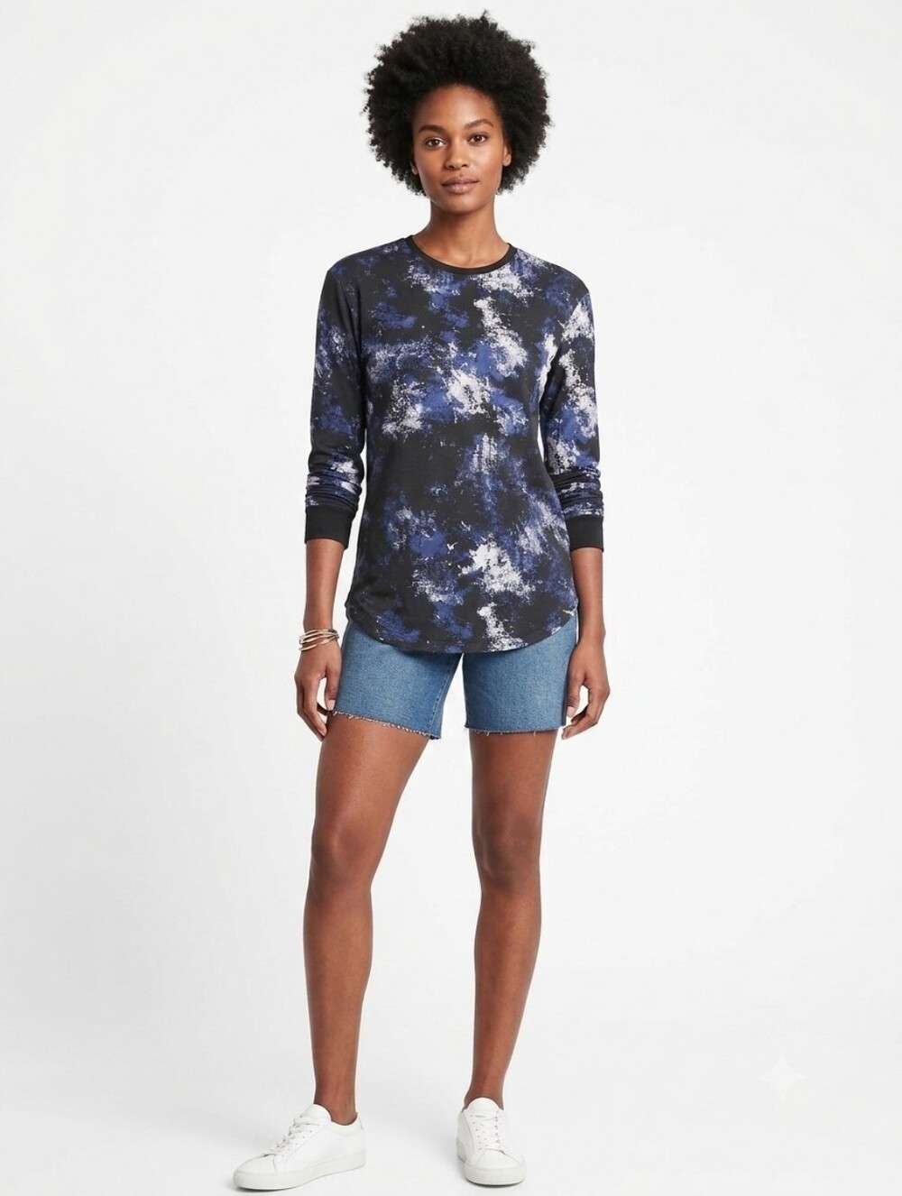 Long-Sleeve Crewneck Top in Black & Blue Tie-Dye Up To Size 3XL